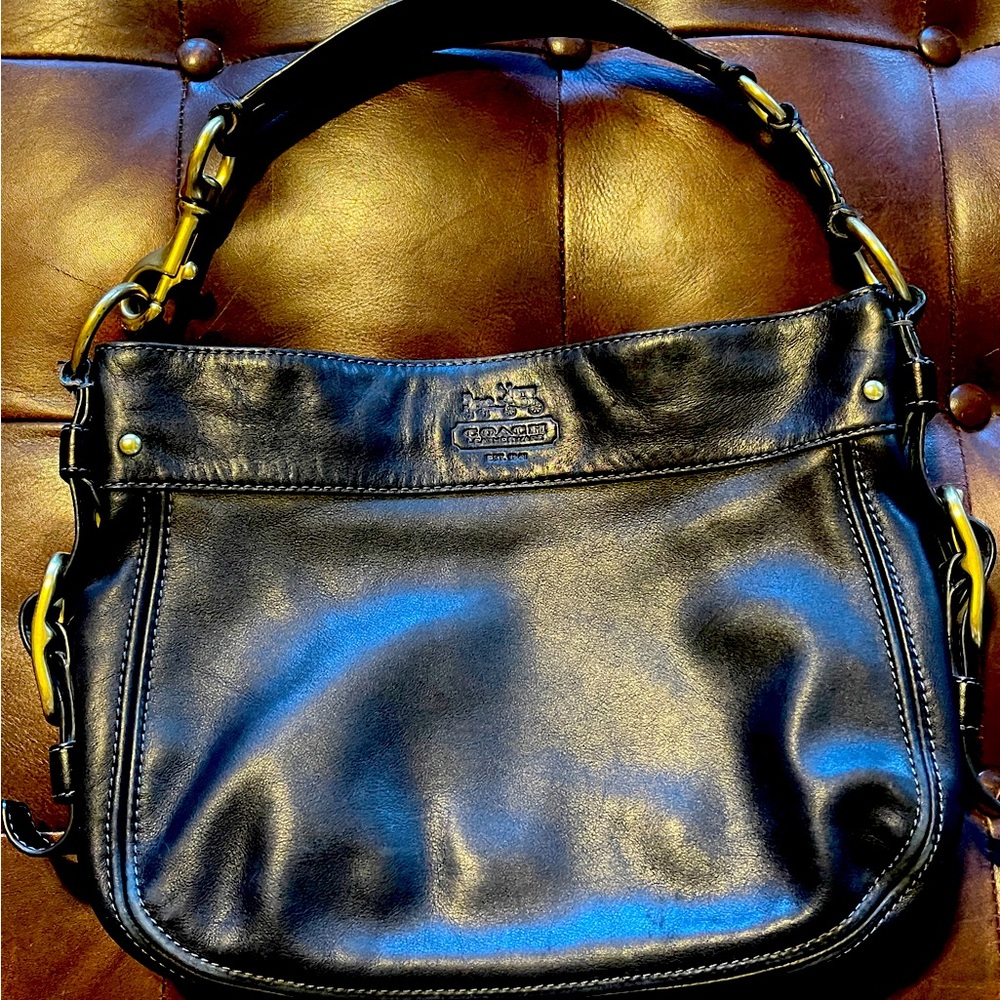 Vintage Black Coach Full Leather Handbag with Gold Hardware and Plum Lining